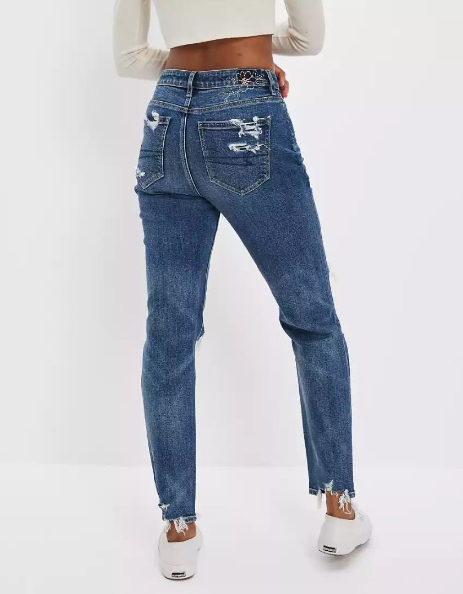 Jean American Eagle AE Strigid Ripped Mom Indigo Femme | RLG-27639942